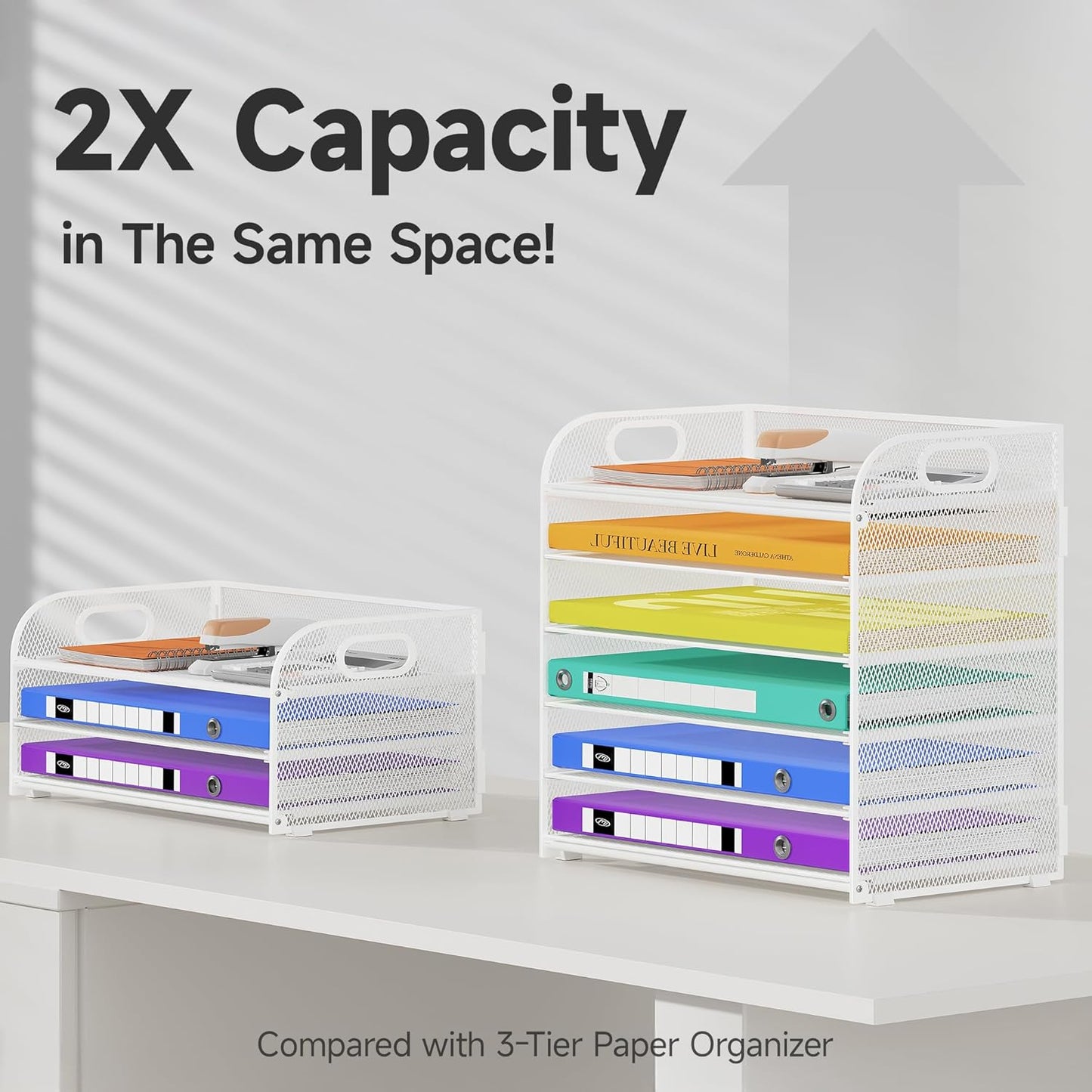 6 Tier Paper Organizer with Handle, Metal Desk Organizer Mesh Paper Letter Tray Desktop File Folder Document Sorter for Classroom, School, Office Accessories Organization and Storage - White