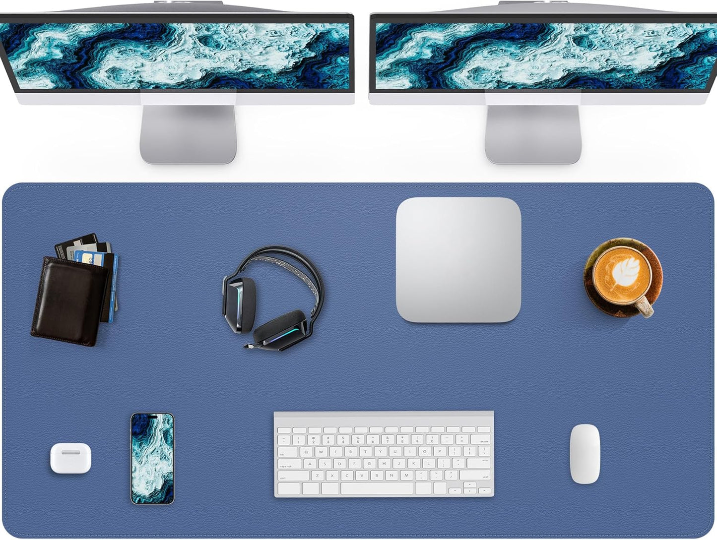 Large Desk Pad Mat - Waterproof Mouse Pad & Desk Protector, Non-Slip XL PU Leather Gaming Mat for Keyboard/Mouse, Stitched Edge with Ergonomic Support, 47"x17" (Blue Grey)