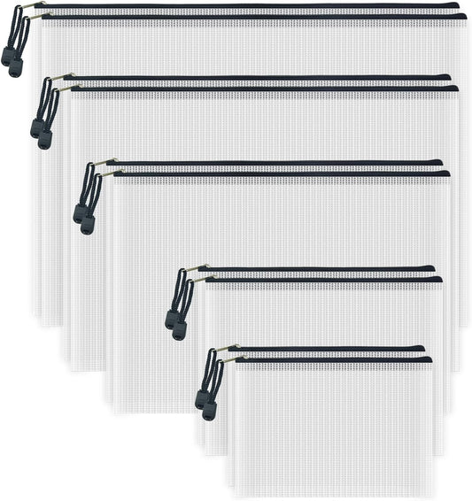 AUSTARK 10 Pcs Zipper File Bags, Waterproof Plastic Mesh Pouch for Office School, Board Game Storage Bags (Multi-Size, White and Black)