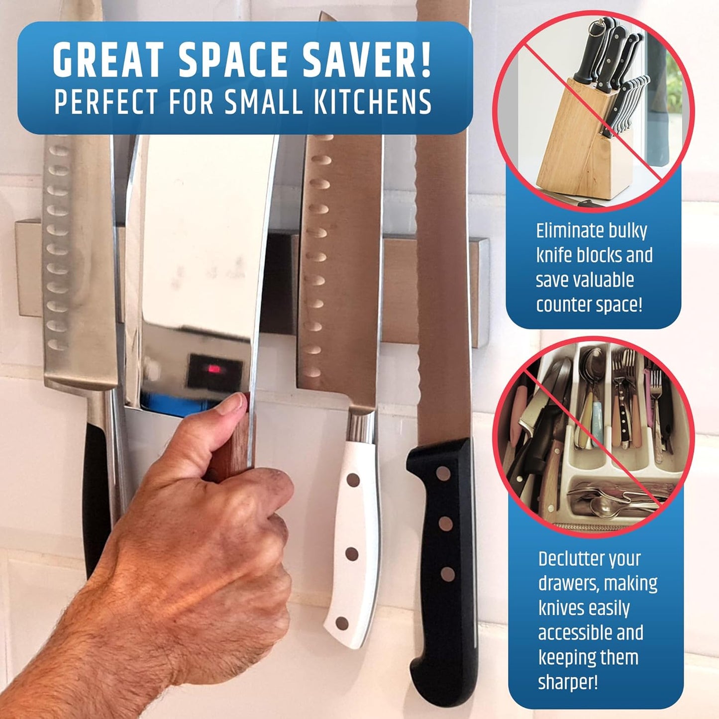 Strong Adhesive (No Drill) Magnetic Knife Holder for Wall - Professional 10 Inch Knife Strip - No Screws Needed - Adhesive Backing - Stainless Steel Bar (Upgraded Version – Will Not Fall)