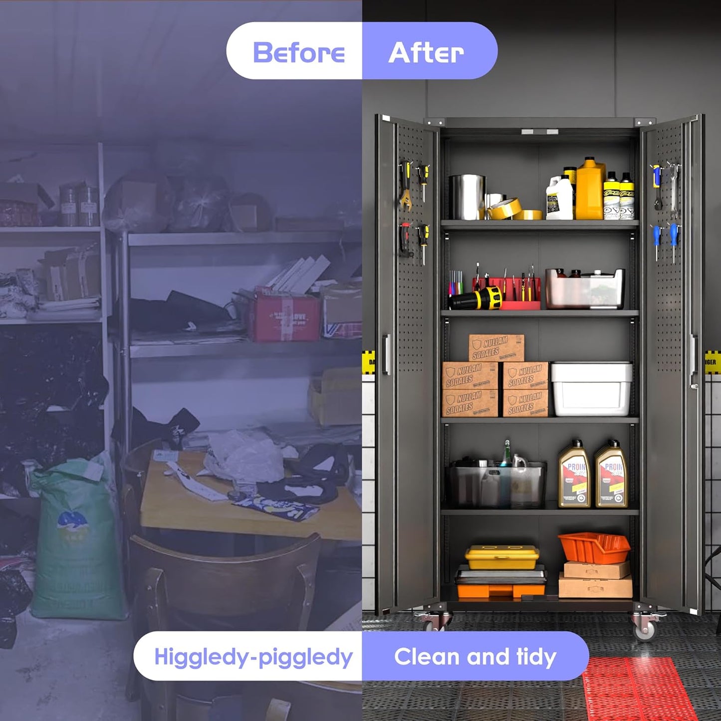 Aobabo Upgraded 72" H Garage Storage Cabinets with Wheels,Metal Storage Cabinets with Door Pegboard for Garage Home Office Storage,Assembly Required, Black