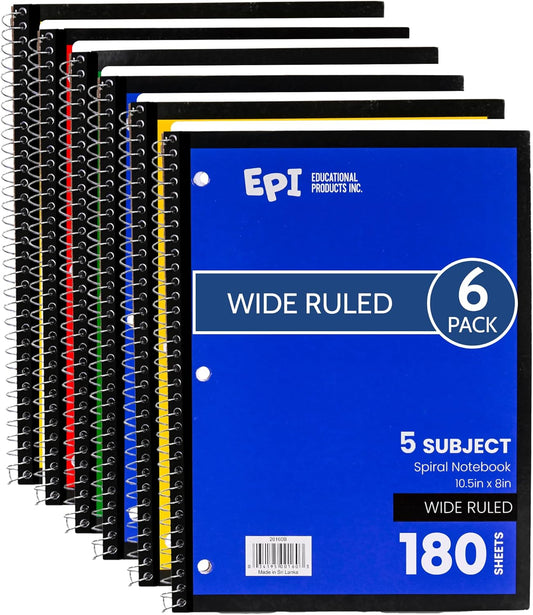 EPI Spiral Notebook | 5 Subject - Wide Ruled - 180 Sheets, Durable Spiral Binding | 10.5 x 8 in | Classroom Supplies | School, Office, Note Taking, Journaling - 6 Pack