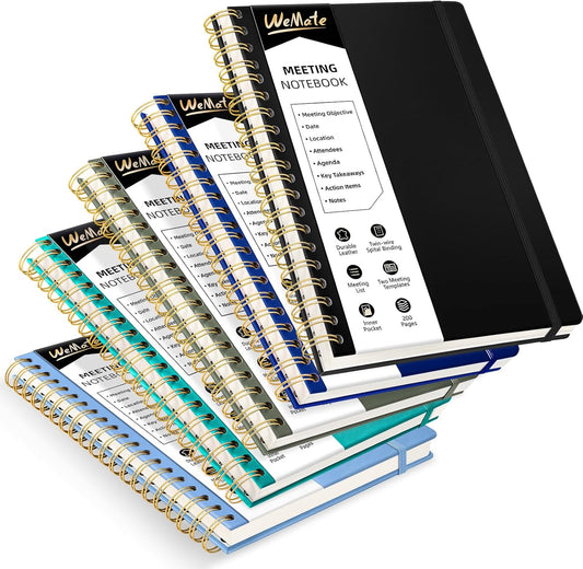WEMATE 5 Pack Meeting Notebooks for Work（7"x10"） 200 Pages, PU Leather Notebook with Action Items & Note, For Staff & Students, Meeting, Projects Planning- Black, Blue, Green, Olive Green, Dark Blue