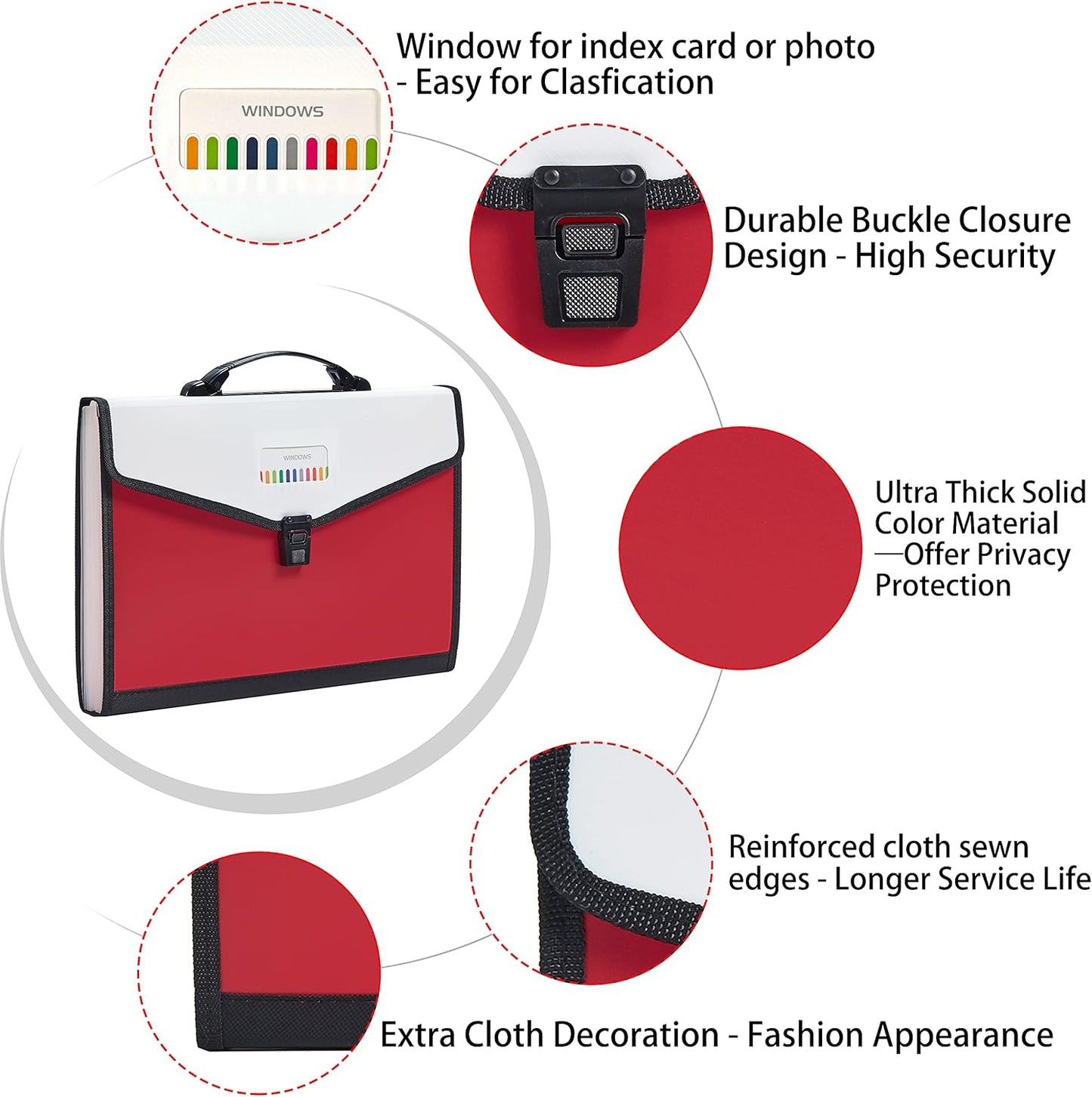 Legal Size 13-Pockets Expanding File Folder with Handle, Plastic Accordion Filling File Folder Expandable Monthly Portable Paper Document Organizer for Office School & Home (Red)