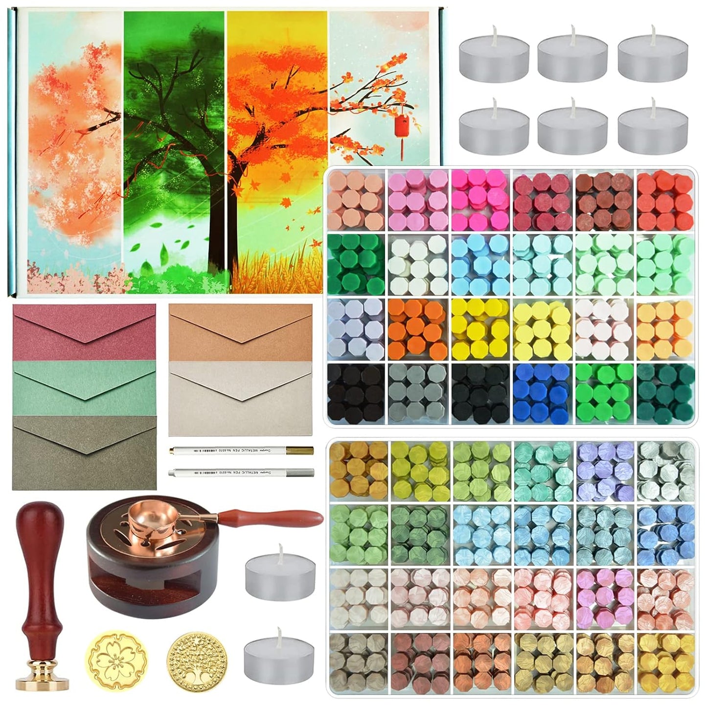 Wax Seal Stamp Kit with Gift Box,48 Color 1200 Pcs Sealing Wax Beads with 2 Pcs Seal Stamp,Warmer,Spoon,Metallic Pen and 10Pcs Tea Candles for Wedding Invitations Wrapping Christmas Letters