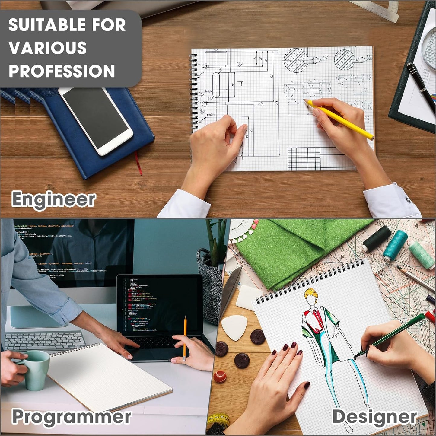 2 Pack Top Spiral Graph Paper Notebooks 8.7 X11.4 Inch A4 Grid Paper Notepad 70 Sheet Memo Steno Pad for Engineering Writing Sketching Drawing School Office Supplies (Kraft)