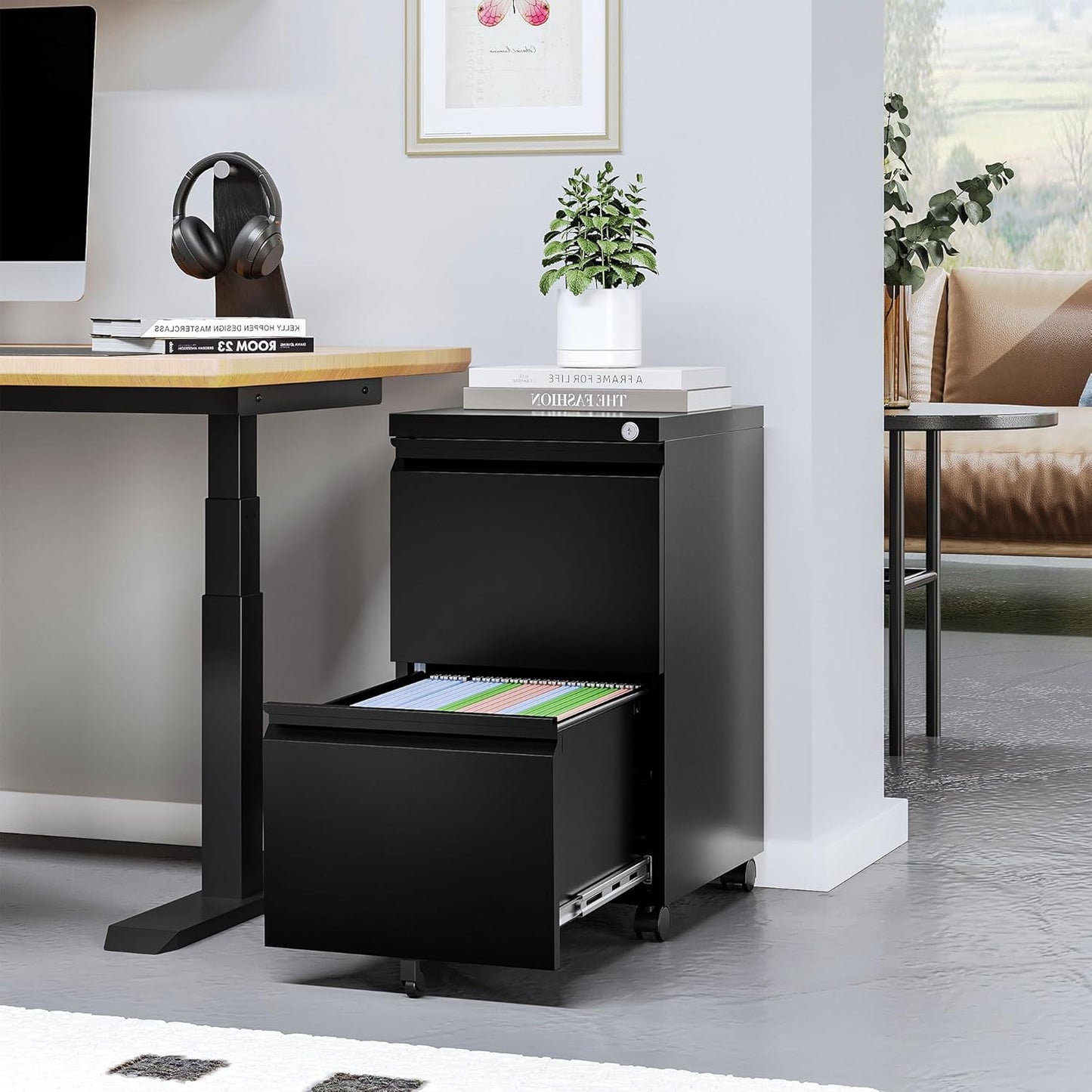 2 Drawer File Cabinet On Wheels Mobile Cabinet with Lock Under Desk Metal Filing Cabinet On Rollers Small Rolling File Cabinet Black Printer Stand for Home Office Fully Assembled