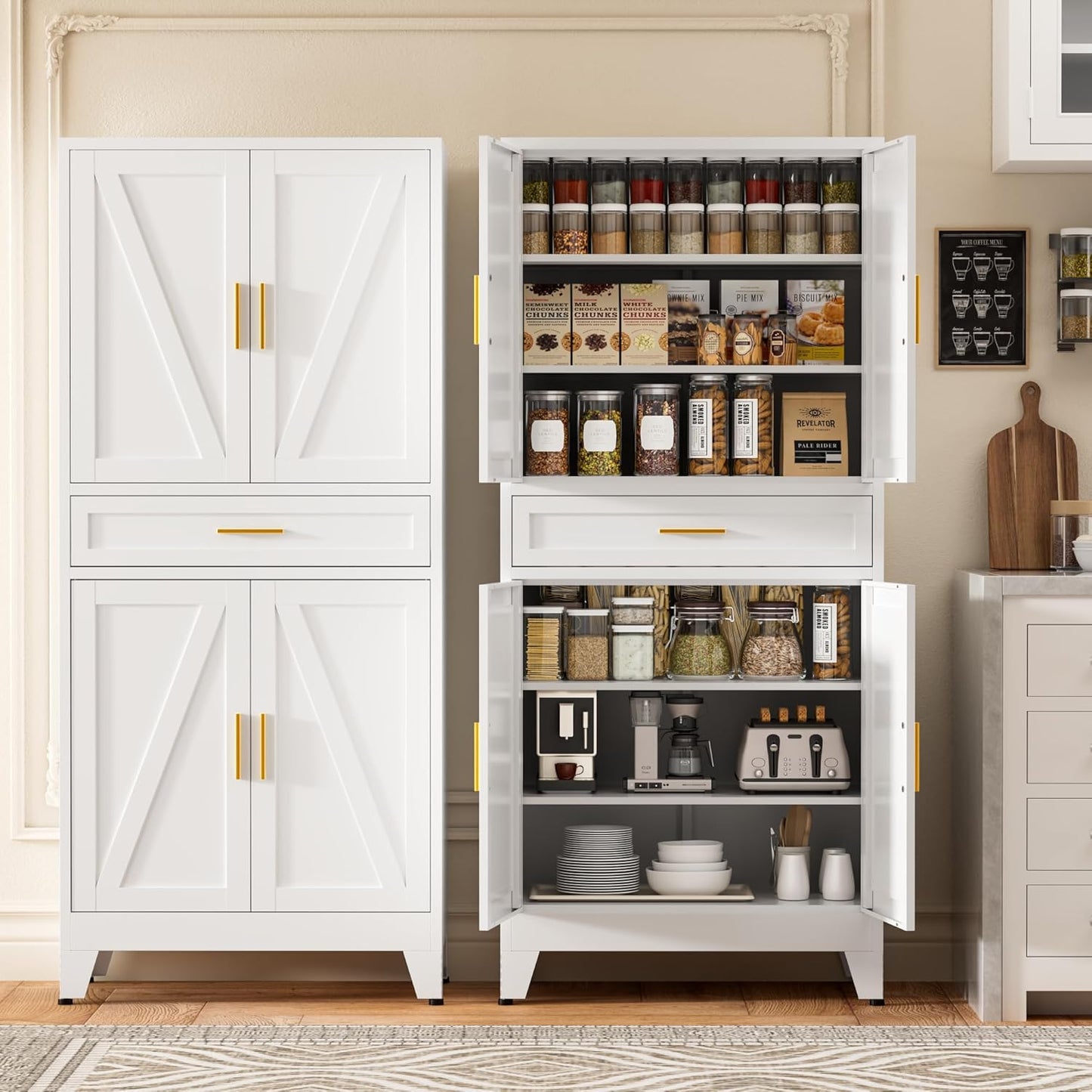 71" Tall Metal Storage Cabinet with Adjustable Shelves,Farmhouse Kitchen Pantry Cabinet with 2 Barn Doors and Drawer,Large Storage Cabinets for Dining Room,Bathroom,Living Room(White)