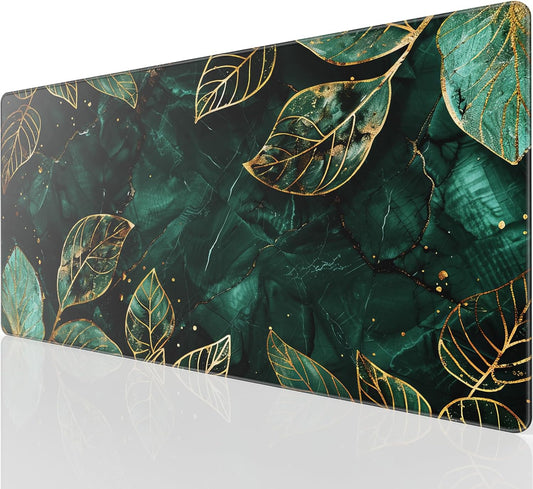 KTRIO Large Gaming Mouse Pad with Stitched Edges, Extended Mousepad with Superior Micro-Weave Cloth, Non-Slip Base, Water Resist Keyboard Pad for Gamer, Office & Home, 31.5x15.7in, Green Leaves