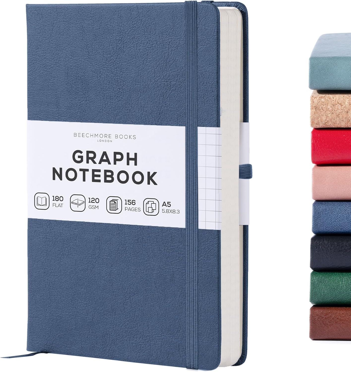 BEECHMORE BOOKS Graph Paper Notebook - Regular, Navy | Premium Square Grid Math & Science Journal | 5.75" x 8.25" Hardcover Vegan Leather | Thick 120gsm Cream Graph Paper | Gift Box for Men & Women