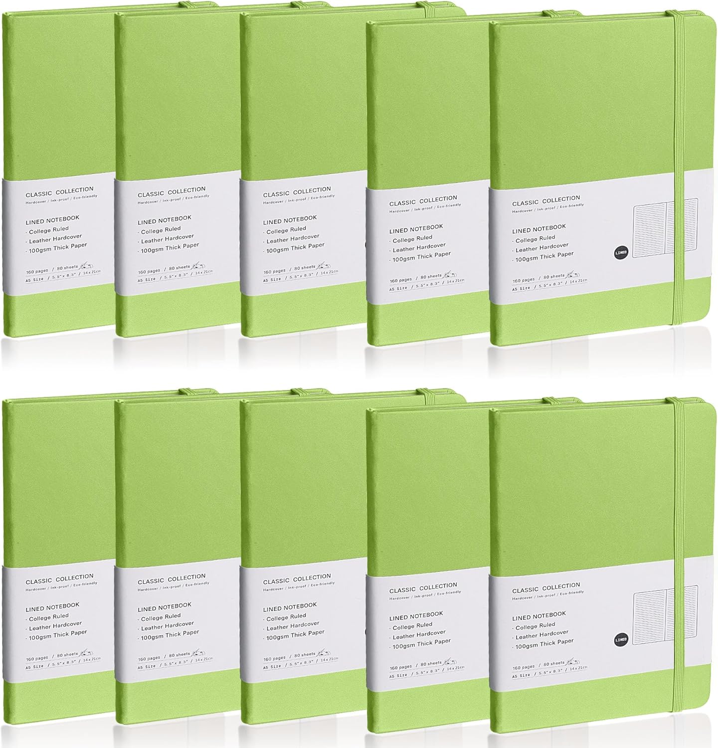 Lined Journal Notebook, 10Pack(Grass Green), 160 Pages, Medium 5.7 inches x 8 inches - 100 gsm Thick Paper, Hardcover