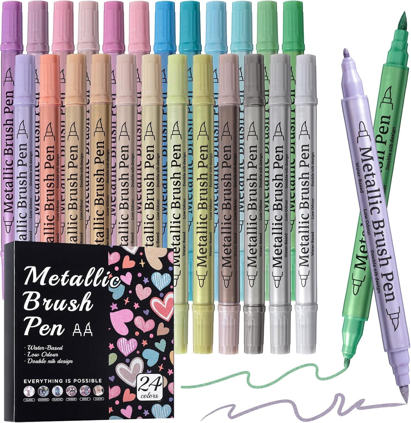 24 Pack Metallic Markers, Dual Tip Glitter Pens for Black Paper & Rock Painting Metallic Acrylic Paint Markers for DIY Crafts, Scrapbooking, Glass, Wood, Cards Alcohol Based Quick Dry Ink