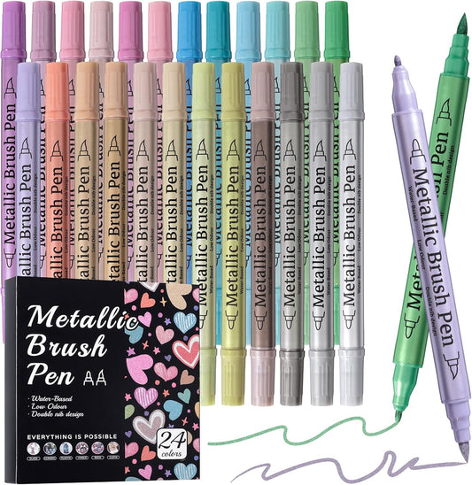 24 Pack Metallic Markers, Dual Tip Glitter Pens for Black Paper & Rock Painting Metallic Acrylic Paint Markers for DIY Crafts, Scrapbooking, Glass, Wood, Cards Alcohol Based Quick Dry Ink