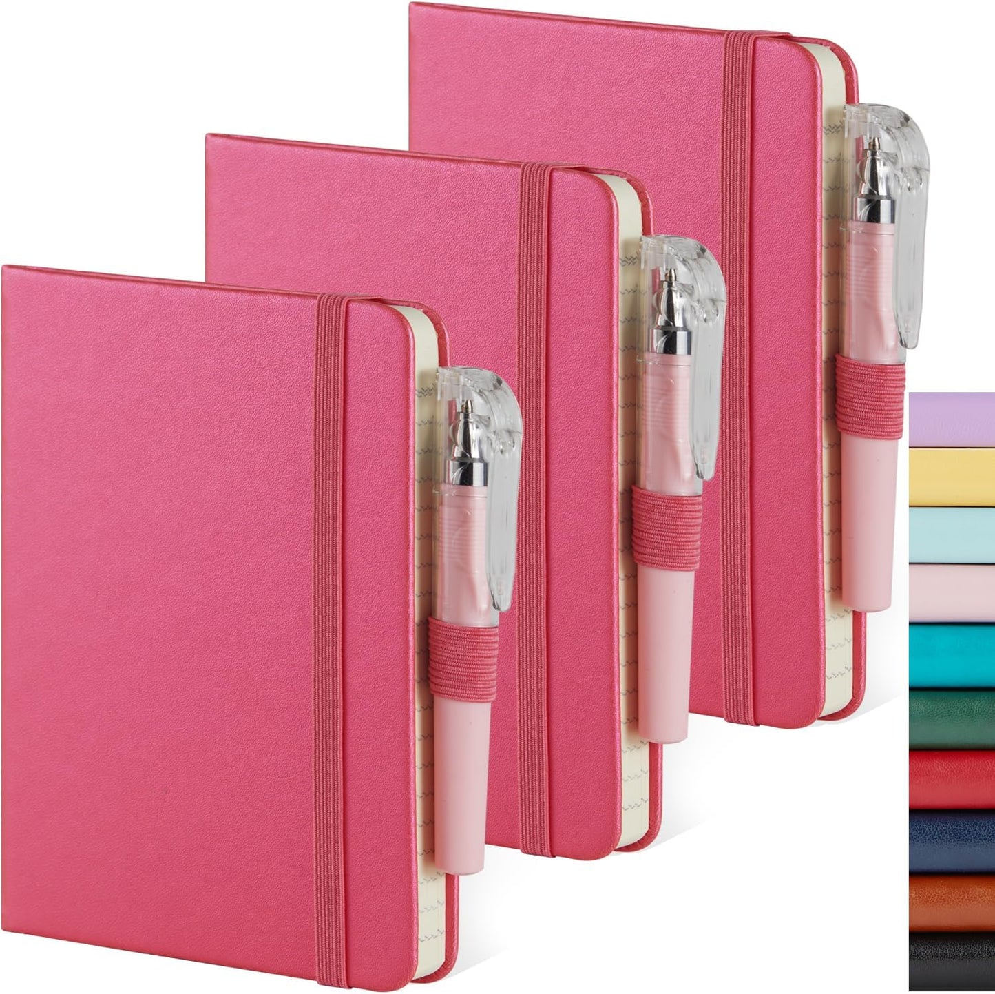 3 Pack Small Journal Notebook with Pen, Mini Pocket Leather Notepad Notebook 3.7" x 5.7" with 408 Pages, Ribbon Bookmark, Pearlescent Pink