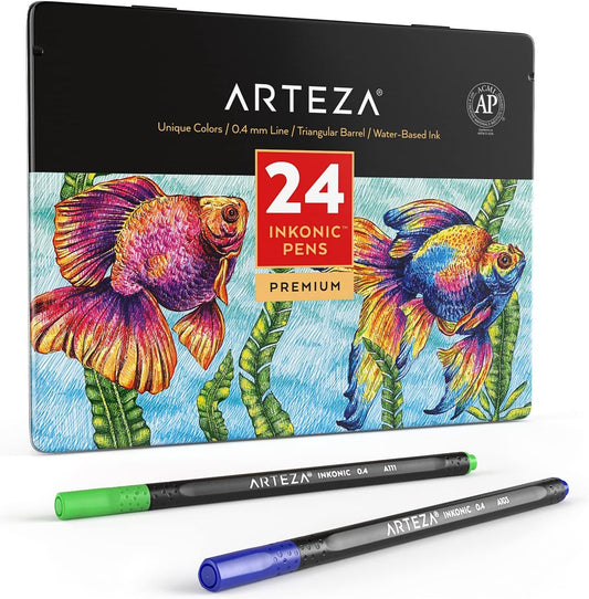 ARTEZA Inkonic Fineliners Pens, Set of 24, 0.4 mm Fine Tip Markers, Water-Based Art Pens for Drawing, Sketching, Journaling, Calligraphy