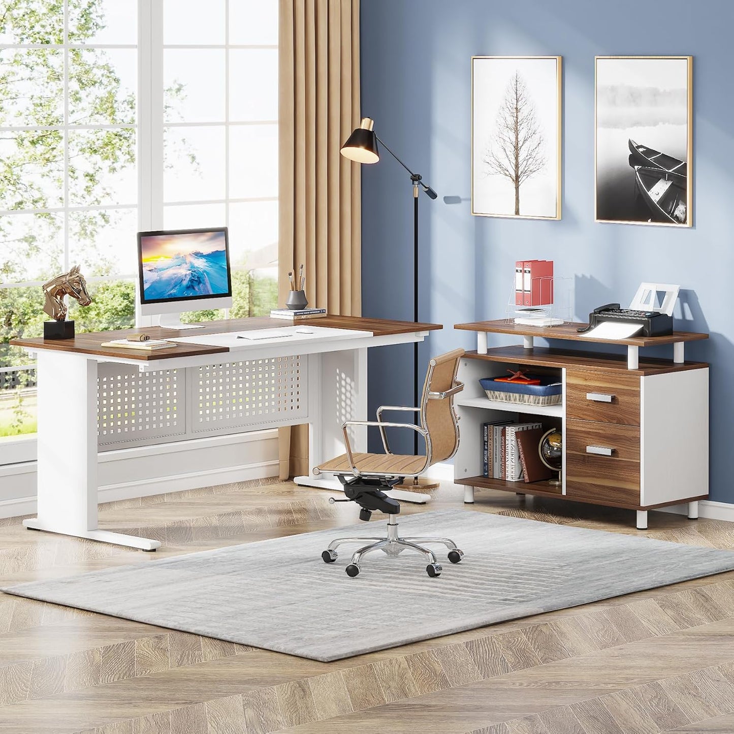 Tribesigns 63 Inch Executive Desk with File Cabinet, L Shaped Office Desk with Drawers and Storage Shelves, Business Furniture Set Workstation for Home Office, White and Walnut