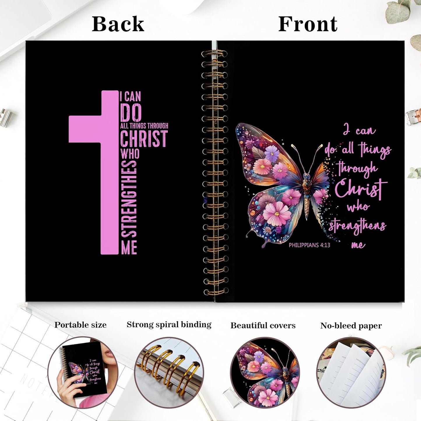 Bible Notebook, A5 Spiral Christian Journal with Floral Pink Butterfly Notebook, Bible Verse-God Says You Are, Inspirational Notebooks for Women, Bible Study, Gift for Birthday Christmas