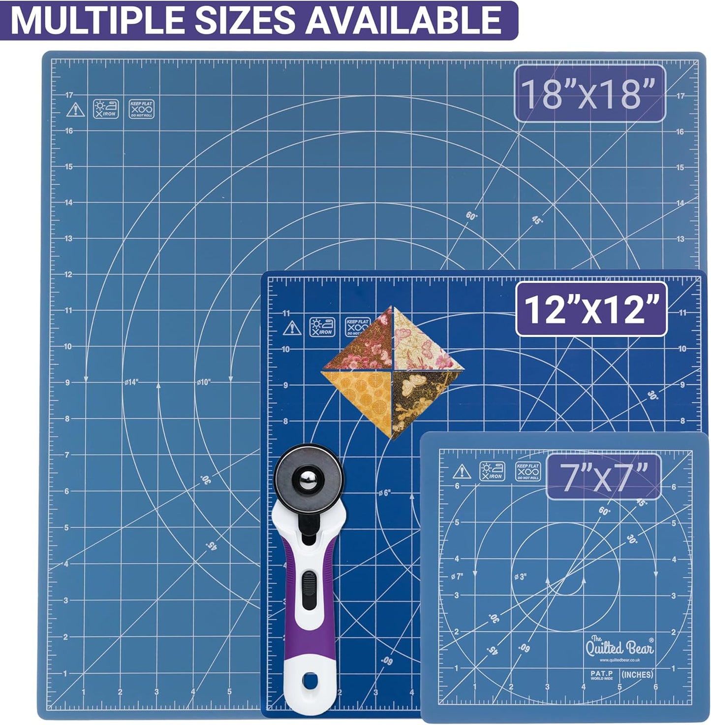 The Quilted Bear Rotating Cutting Mat 12" x 12" - Locking & Rotating Self Healing Cutting Board for Sewing, Fabric & Quilting - 360 Degree Sewing Supplies Mat for Craft Table (Blue)