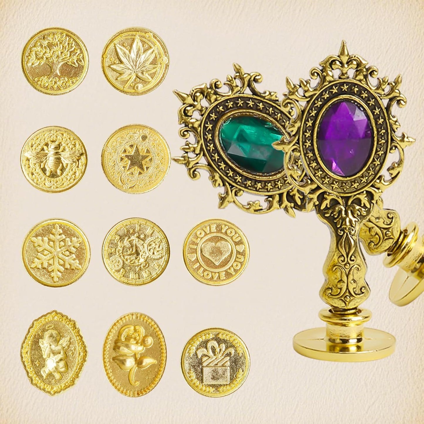 Numola Wax Seal Kit with Gift Box, 24 Colors 600 Pcs Cat-paw Beads, 10 Stamps with Storage Box, 2 Retro Handle, Metal Warmer, Vintage Envelopes, Metallic Pen, Candles, for Gifts and Decorating