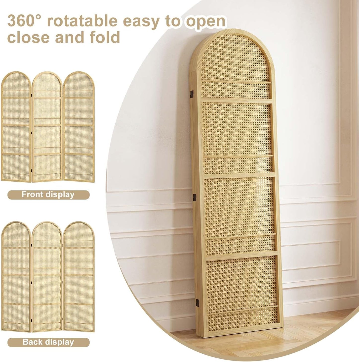 Rattan Room Divider with Built-in Bookshelf | Foldable Privacy Screen & Portable Partition for Home Office, Bedroom, Reading Nook | Wooden Frame, Freestanding Design (Natural-Rattan)