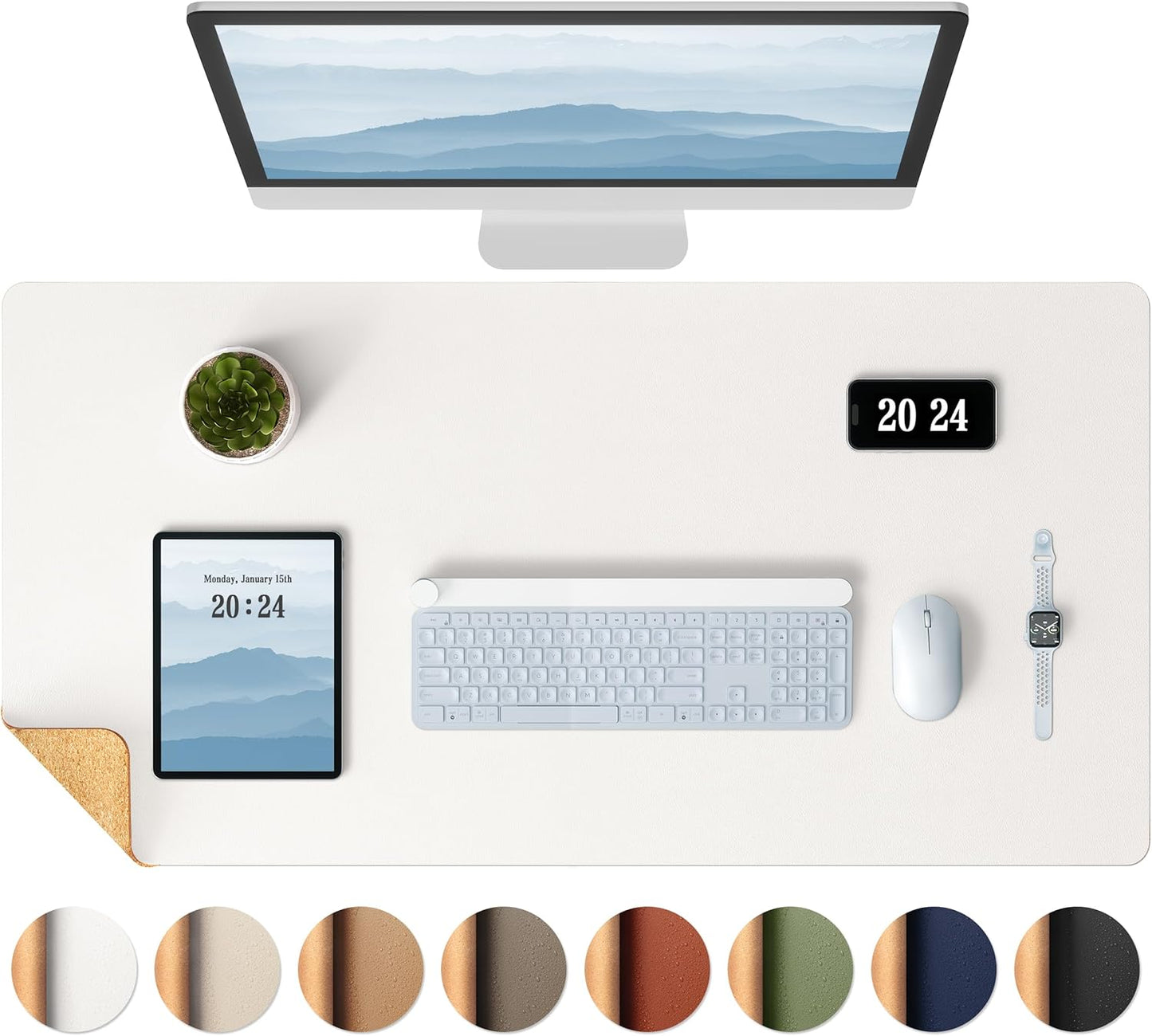 Aothia Dual-Sided Desk Pad - Leather Desk Mat, Natural Cork Desk Pad Protector, Large Mouse Pad for Desk, Waterproof Desk Blotter Pad, Desk Writing Pad for Office Work/Home, Off-White (25.6"x13.7")