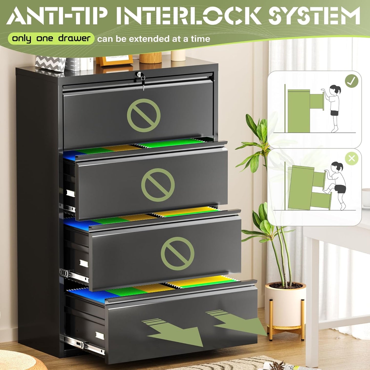 Crownland Lateral File Cabinet with 4 Drawers, 28" W Metal Lockable Office File Cabinets for Home Office- Stores Letter/Legal/A4/F4 Files(Black)