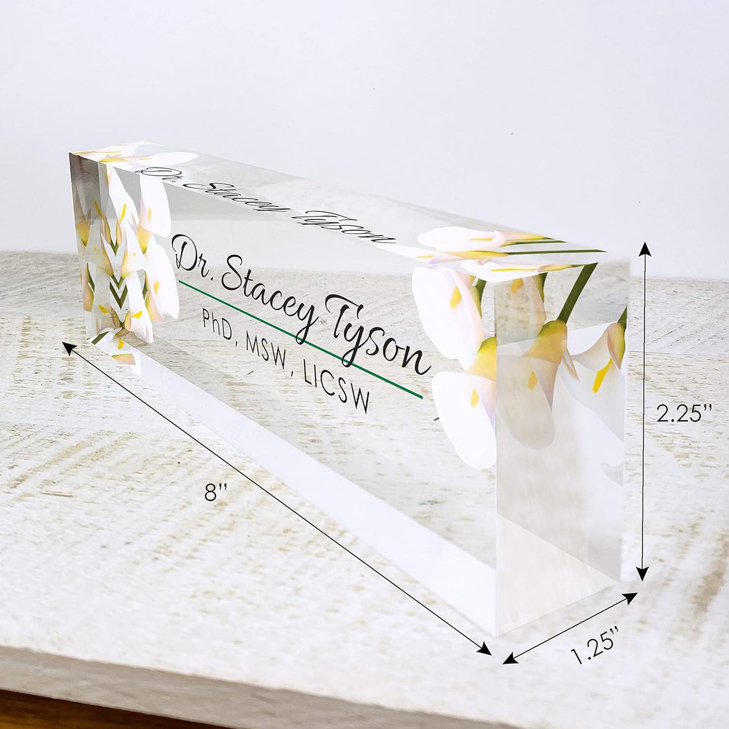 Artblox Office Desk Name Plate Personalized | Custom Name Plates for Desks | Calla Flowers Design On Clear Acrylic Glass | Office Desk Decor - (8" x 2.5")