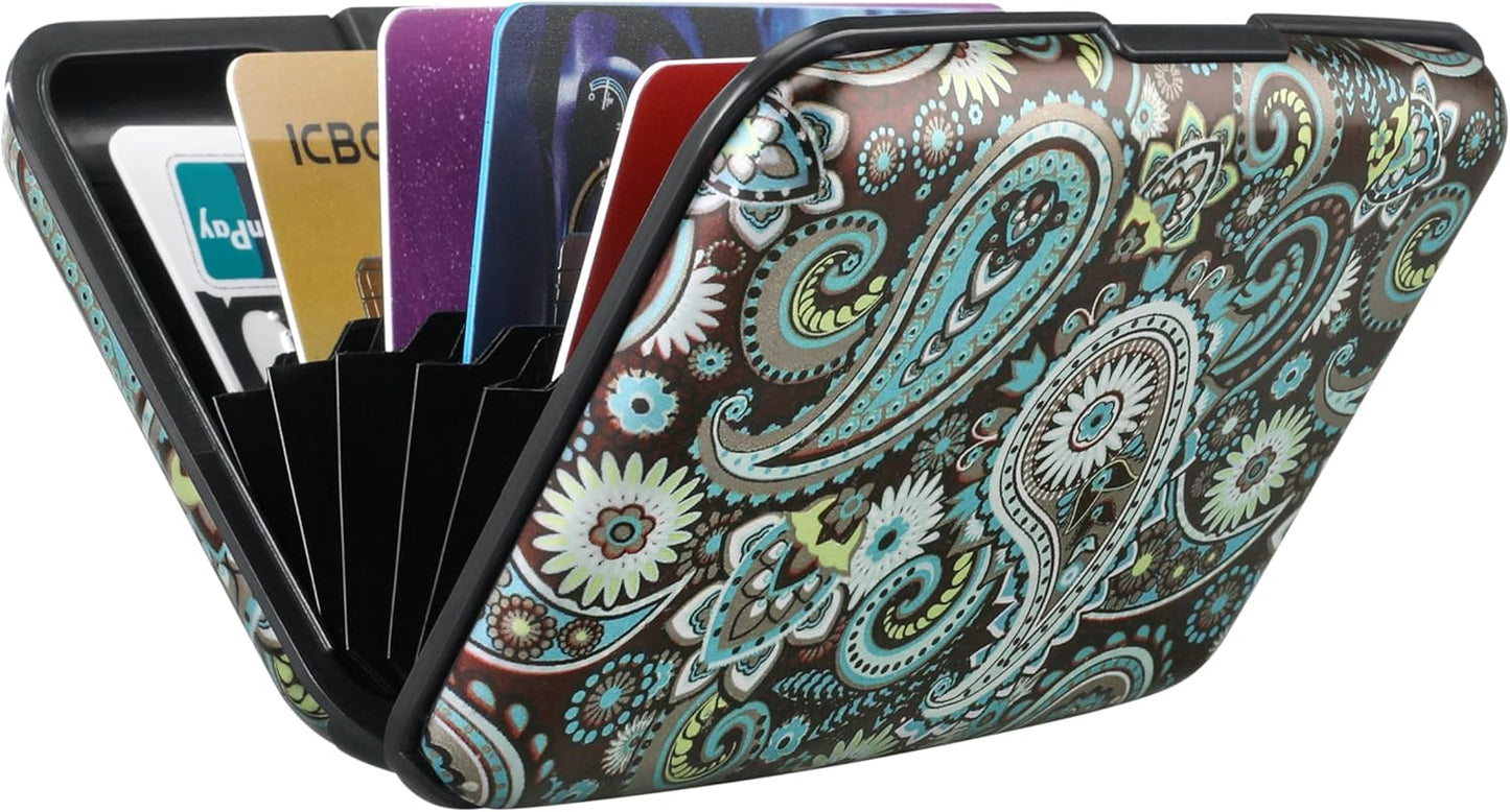 ELFISH Mini RFID Aluminum Wallet Credit Cards Holder Business Card Case Metal ID Case for Men Women (Blue flower)