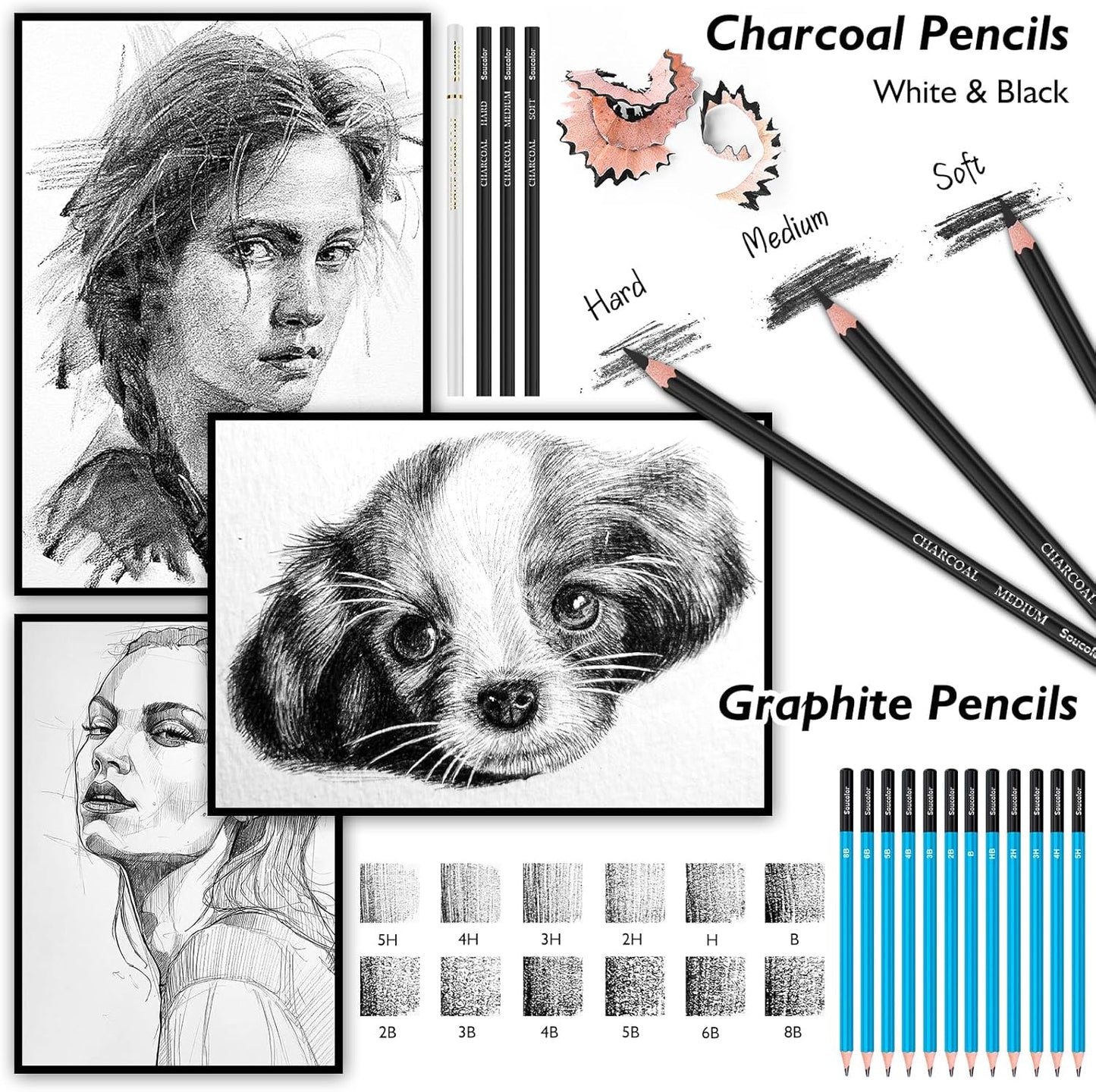 Soucolor 76 Pack Drawing Set Sketching Pencils Kit with 3-Color Sketch Book, Watercolor Pad, Coloring Book, Colored, Graphite, Charcoal, Watercolor, Metallic Pencils for Artists Adults Teens Beginner