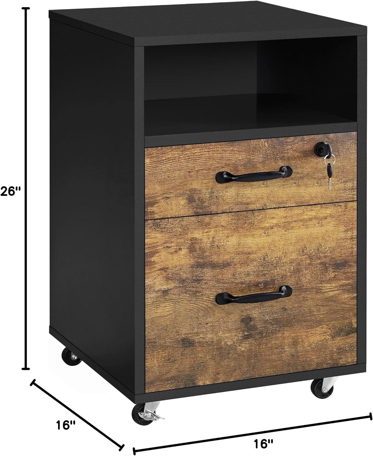 Yaheetech File Cabinet, Under Desk Vertical Cabinet With 2 Drawers and Open Compartment, Printer Stand with Lockable Wheels for A4 Letter Size Hangable File Folders for Home Office(Black/Rustic Brown)