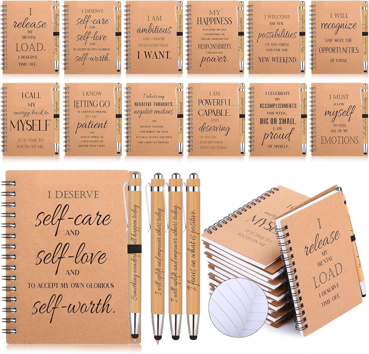 Pasimy 96 Pcs/48 Set Bulk Positive Affirmation Spiral Notebooks with Bamboo Pen Daily Affirmation Gift Set Motivational Encouragement Notepad Small Journals 5.5 x 3.9 inch for Women Self Care
