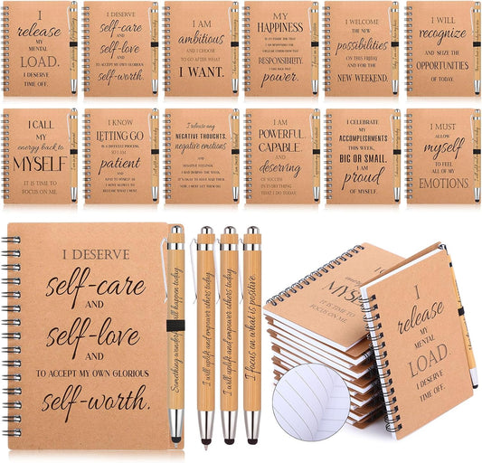 Pasimy 96 Pcs/48 Set Bulk Positive Affirmation Spiral Notebooks with Bamboo Pen Daily Affirmation Gift Set Motivational Encouragement Notepad Small Journals 5.5 x 3.9 inch for Women Self Care