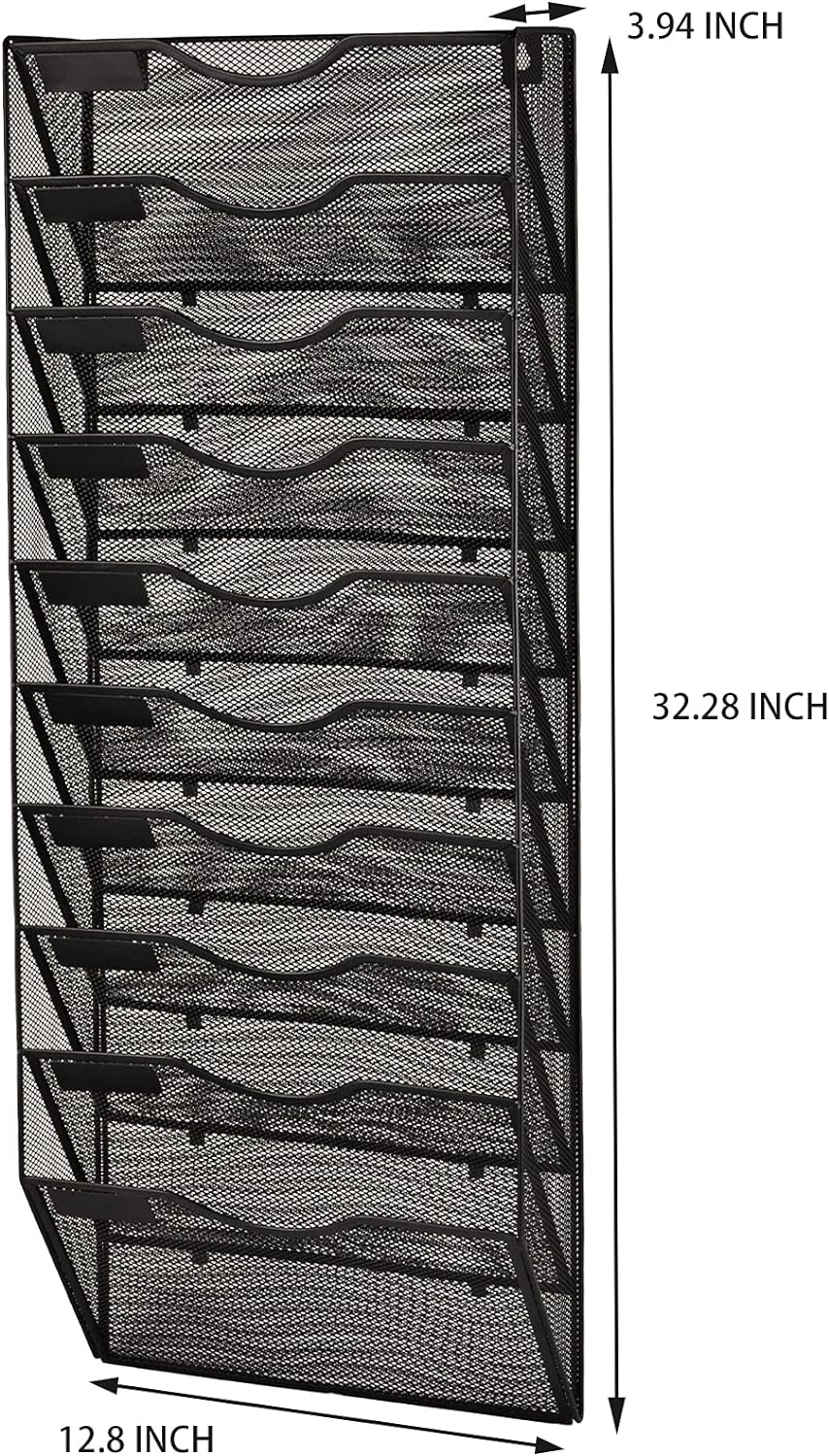 EASEPRES 10 Pocket Mesh Hanging Wall File Organizer, Wall Mounted Mail Paper Document Folder Holder, Clipboard Storage Organization Magazine Rack with Nametag Label for Office Home School, Black