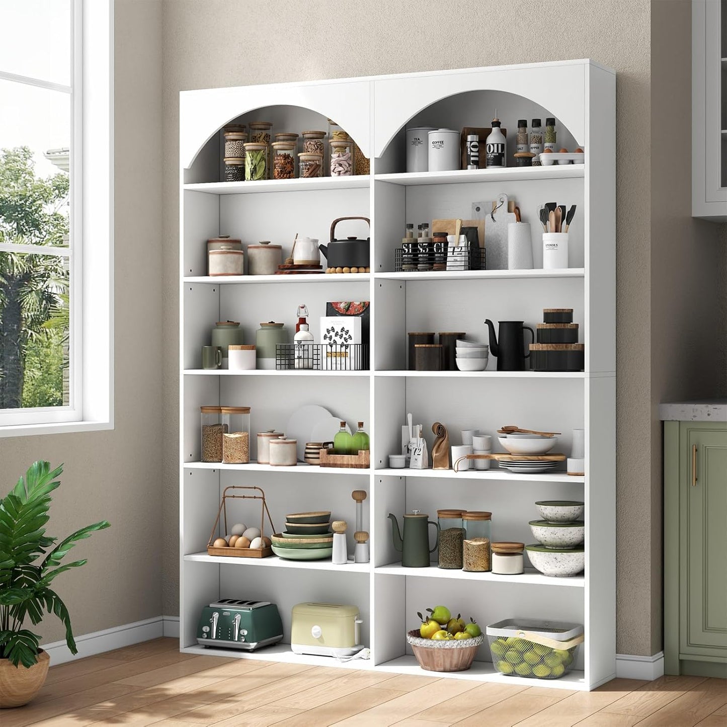 70.8’’ Tall Bookshelf and Bookcase of 2 pcs, 7-Tier Double Wide Bookcase Modern Large Open Display Shelves with Curved Baffle for Home Office Living Room (White-2pcs)