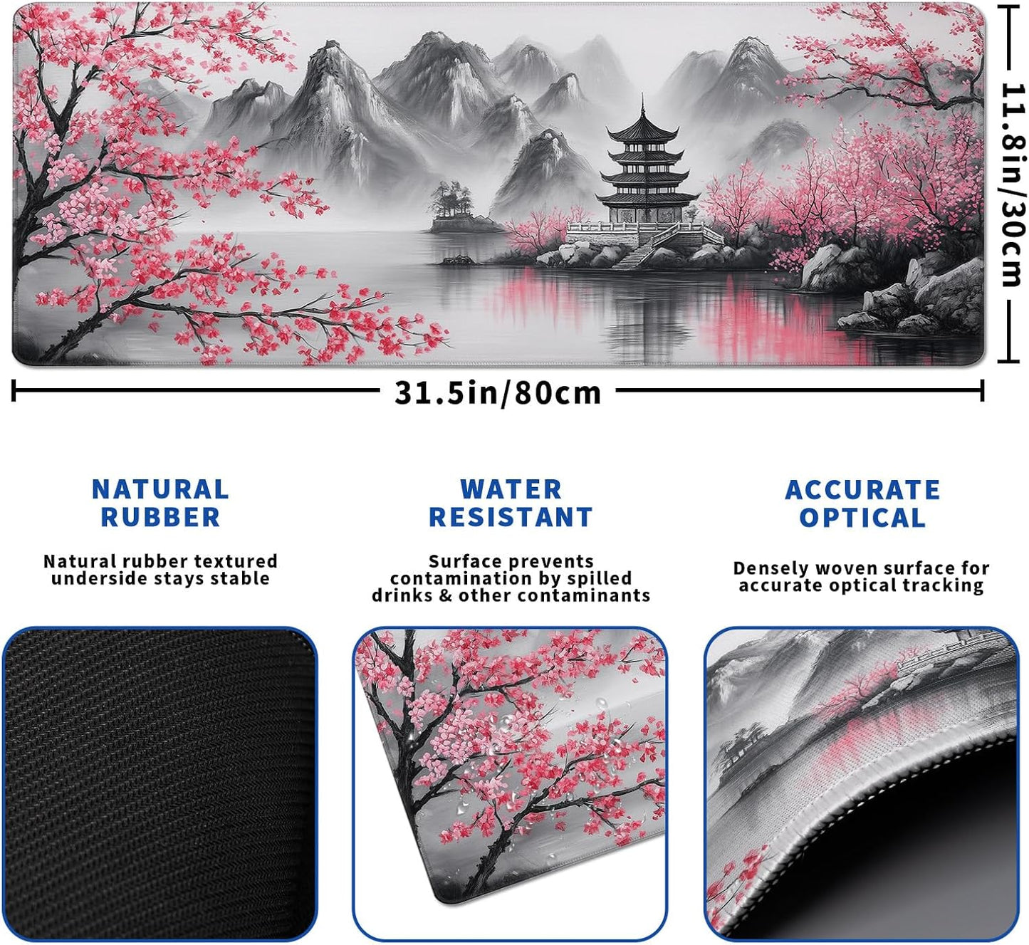 Retro Cherry Blossom Mouse Pad Abstract Big Mouse Pad 31.5x11.8 Inch Retro Texture Non-Slip Rubber Base Large Mousepad Stitched Edges Keyboard Mouse Mat Desk Pad for Office and Home