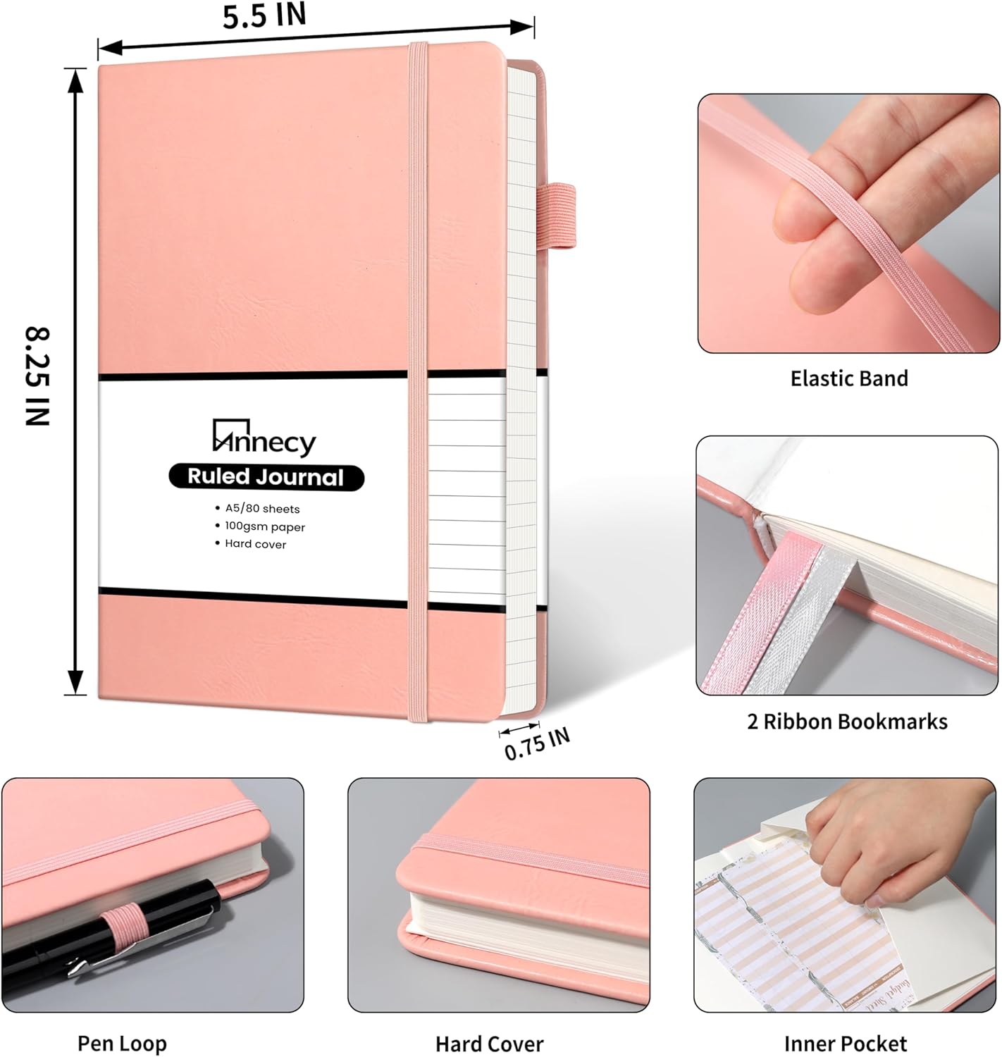 Annecy Lined Journal Notebook, Hardcover Numbered College Ruled Journal, Medium 5.5x 8.25, 160 Pages 100GSM Writing Paper, Peach Pink