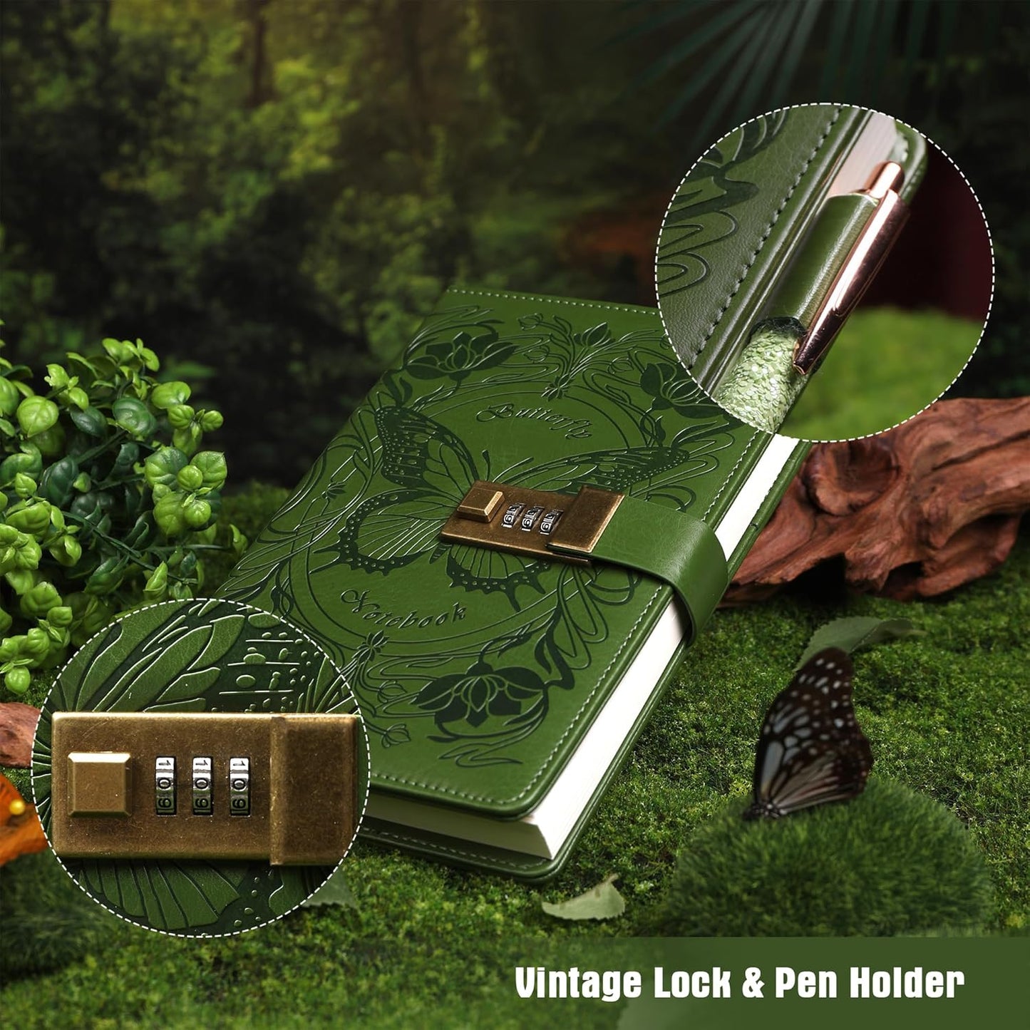 TIEFOSSI Diary with Lock for Women Girls, Lined Locked Journal, Butterfly Journal Notebook with Pen and Bookmark, A5 Refillable Locking Journals for Writing, 224 Numbered Pages