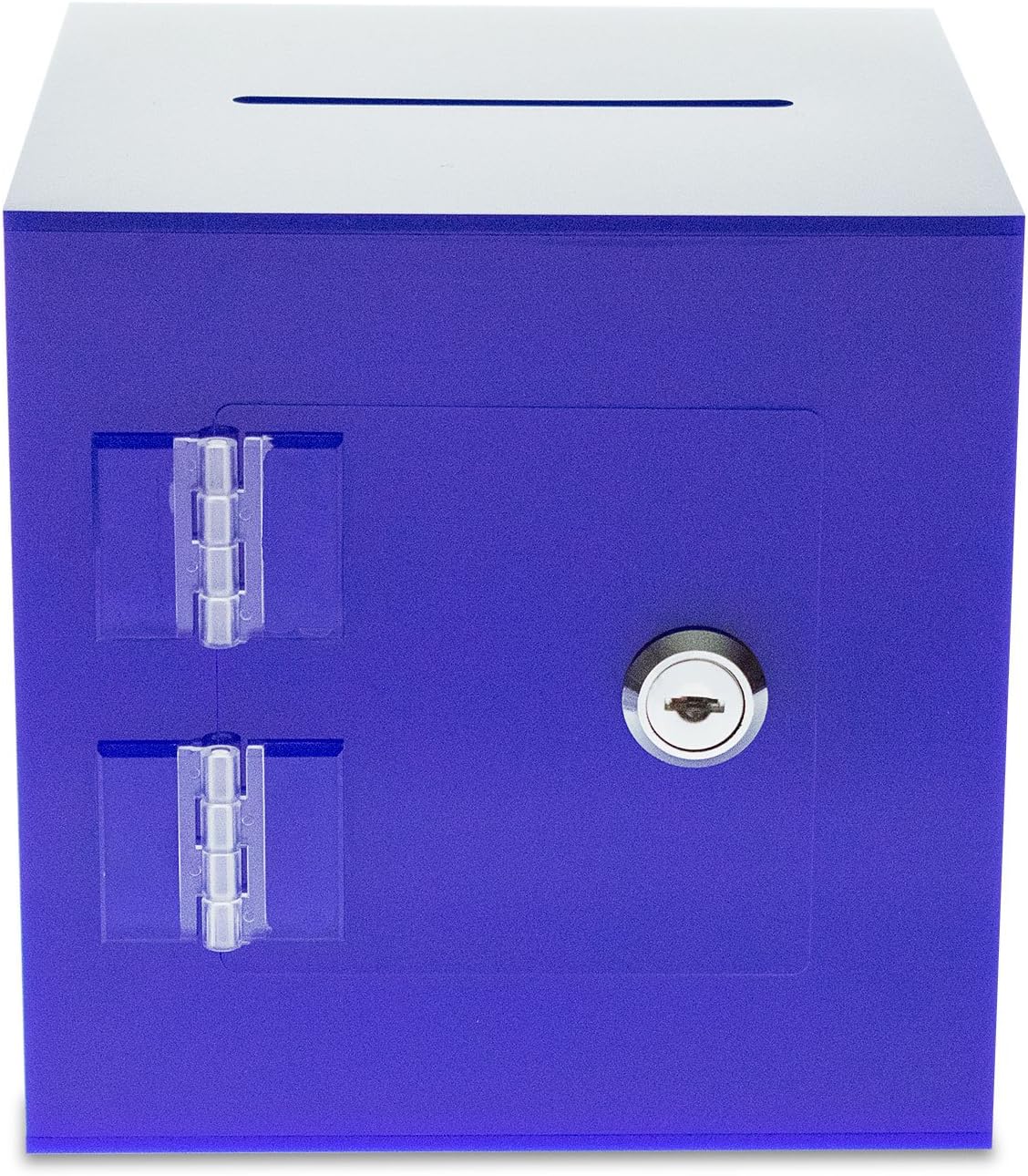 Source One Premium Acrylic Cube Donation Box with Deluxe Rear Open Door and Cam Lock Suggestion Box (10 Inch, Blue)