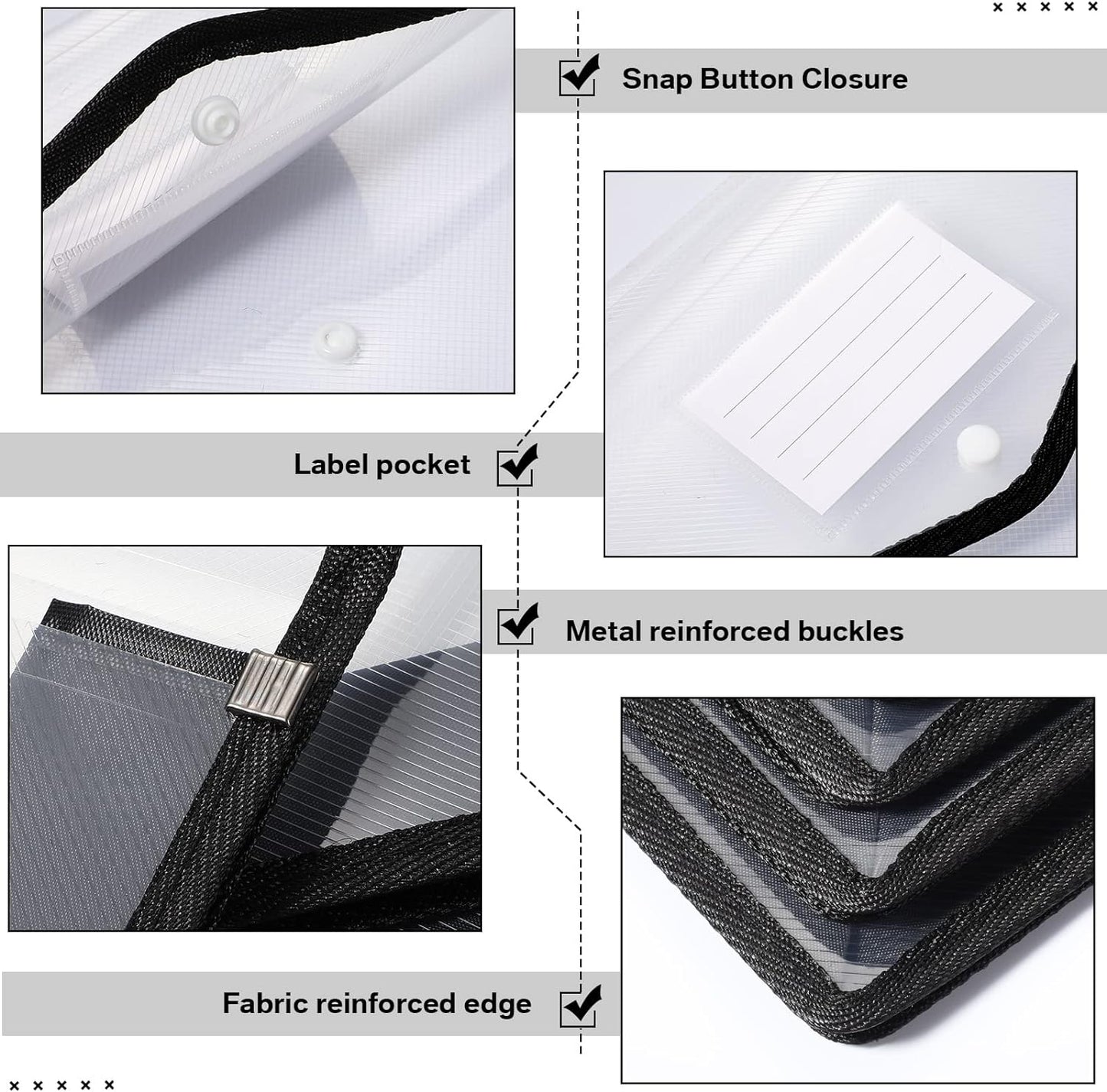 10 Pieces Plastic File Folders Envelope Expanding File Wallet Organizer Documents Folder with Snap Closure and Pocket B4 Waterproof Transparent Pouch for School Office(Black,Horizontal)