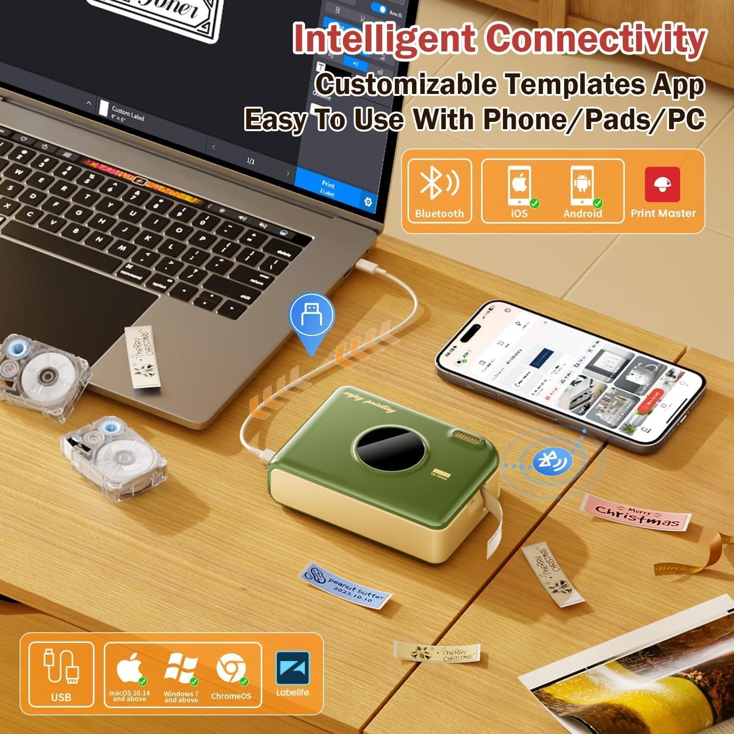 Phomemo Label Printer, A30 Thermal Transfer Printing Bluetooth Wireless Portabel Small Label Maker Machine, Mini Sticker Printer Rechargeable for Christmas Decorations, Cloth Name Tag, In/Out Door Use