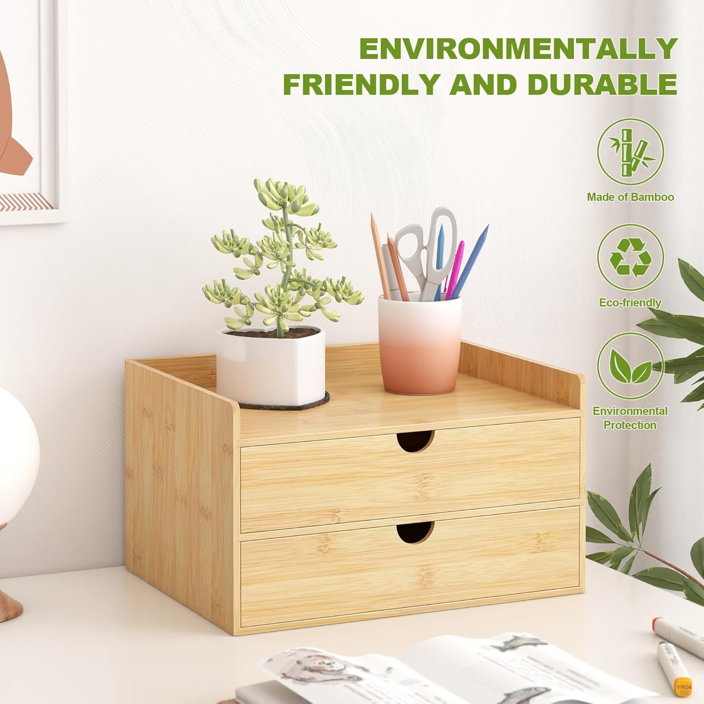 Wisuce Bamboo Desk Drawer Organizer, Large Desktop Organizer with Drawers Tabletop Storage Organization Box for Office Home Toiletries Supplies Vanity, No Assembly Required (2 Drawer with Shelf)