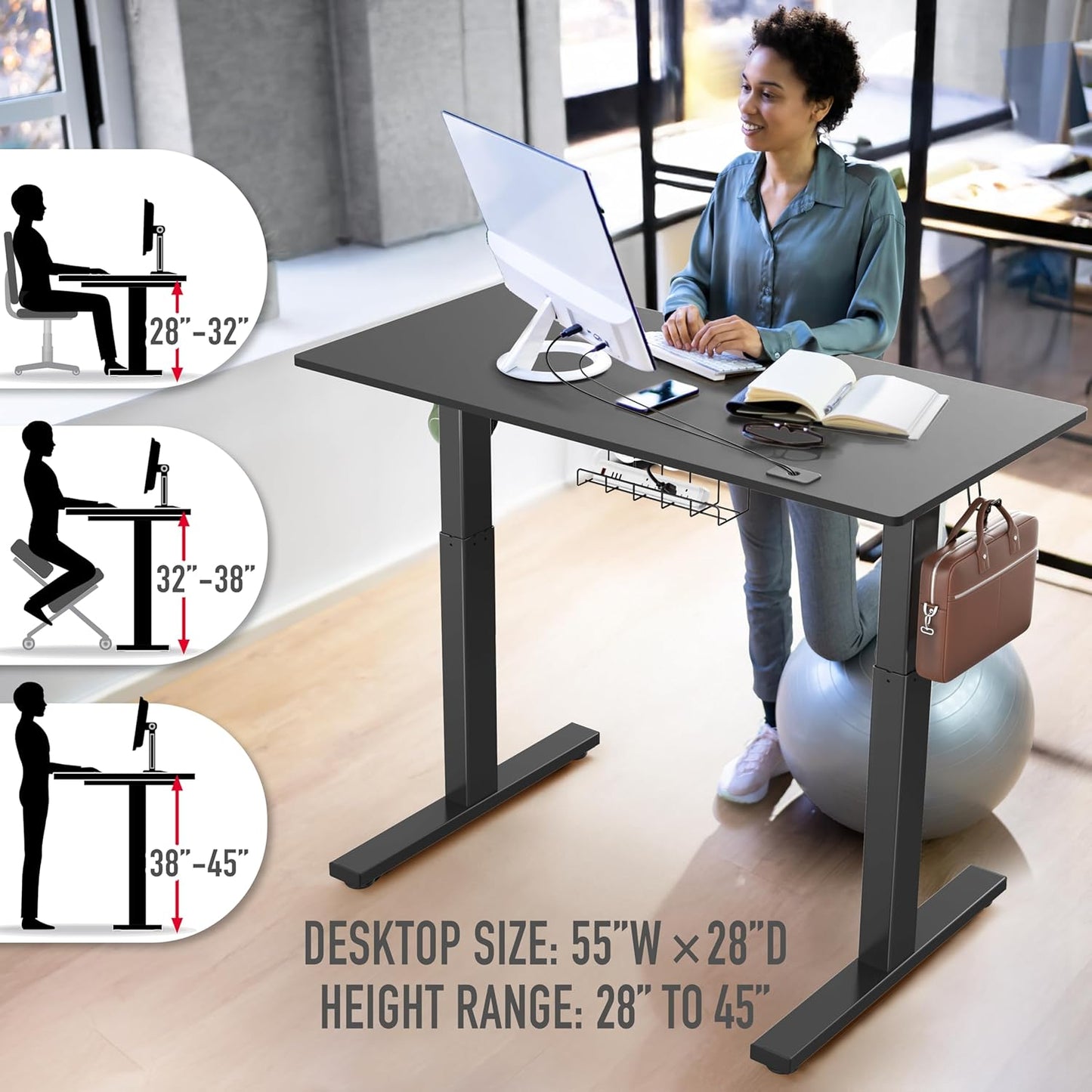SHW 55 x 28 Inches Electric Height Adjustable Standing Desk with Drawer and Memory Preset, Black