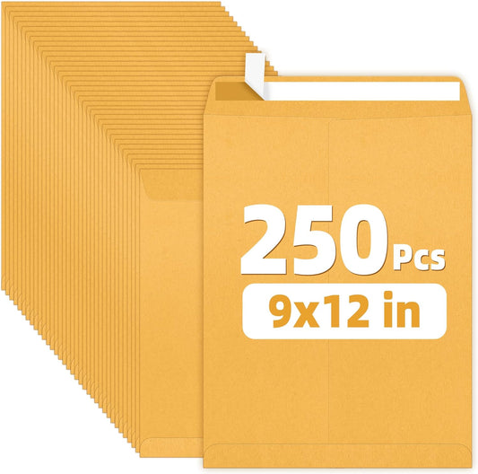 SUNEE 9x12 Envelopes Self-Seal Catalog Mailing Envelopes -250 Count, Ultra Strong Quick-Seal, 9x12 inch Brown Kraft Manila Envelopes Security Envelopes