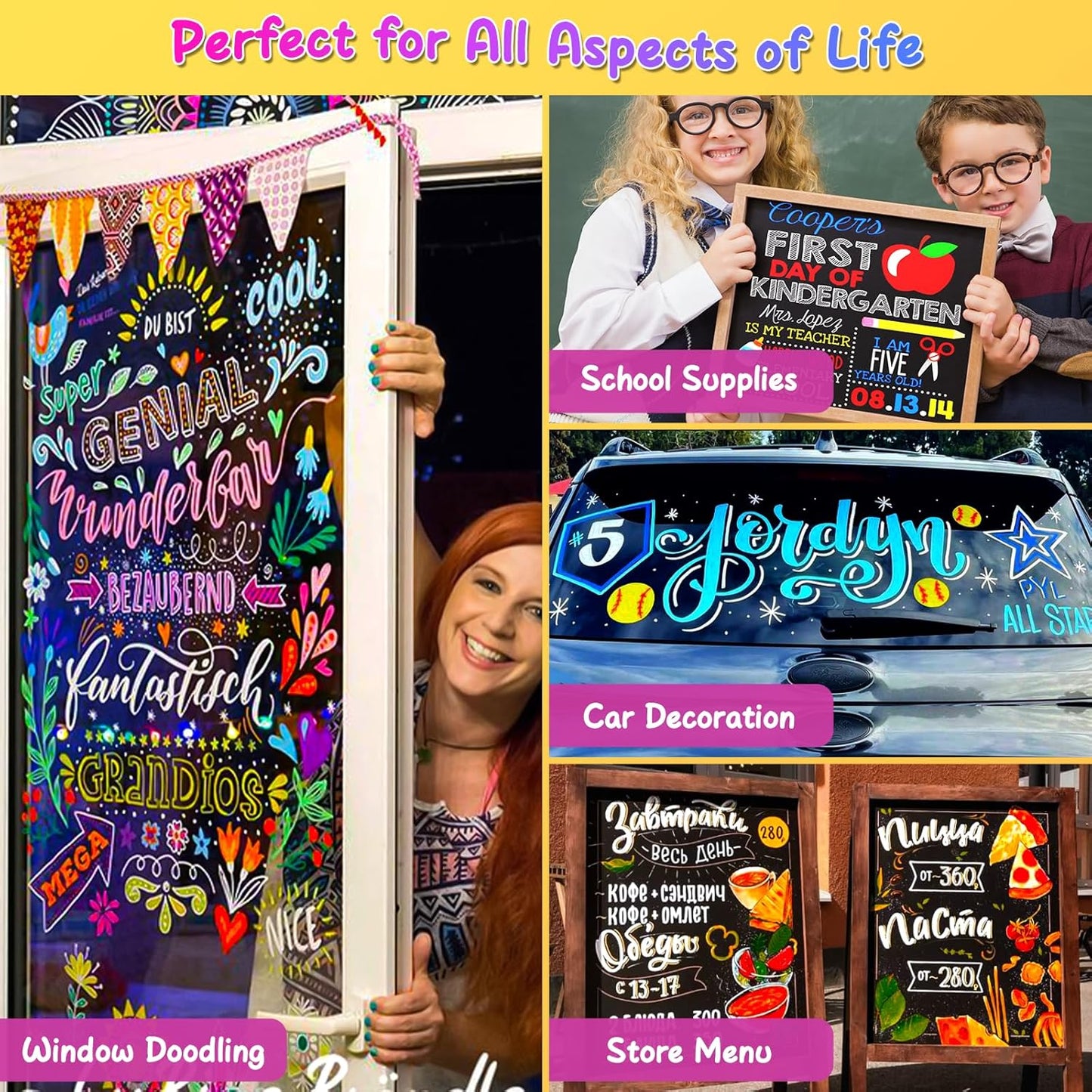 SFAIH 8 Vibrant Liquid Chalk Markers Erasable - Chalk Pens for Blackboard, Calendar, Windows, Glass, Bistro, Stores, Signs, Zero Dust, Non-Toxic, 4.5mm Reversible Tip, With Highlighter Color Markers