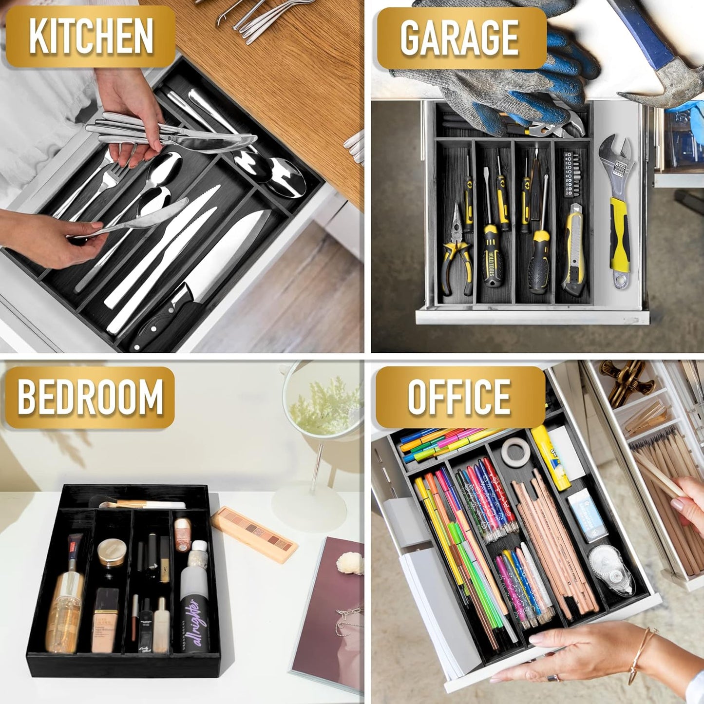 Silverware Organizer Bamboo Kitchen Drawer Organizer Utensil Organizer Silverware Holder Cutlery Organizer in drawer Flatware Organizer Tray (Black 5 Slots)