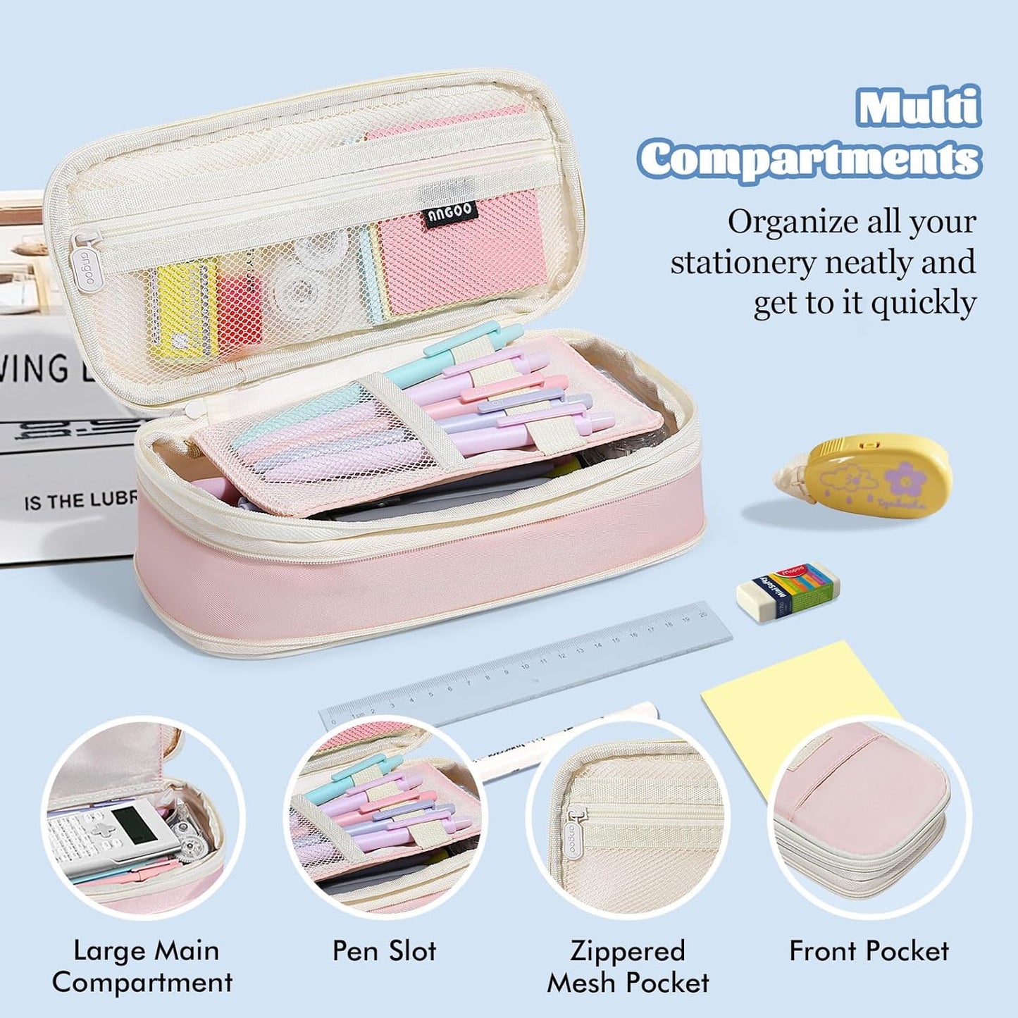 MoKo Large Capacity Pencil Case, Aesthetic Pencil Pouch Bag with Zipper, Cute Pen Case Stationery Organizer Holder for Office/School Supplies, Back to School Gift, Pink