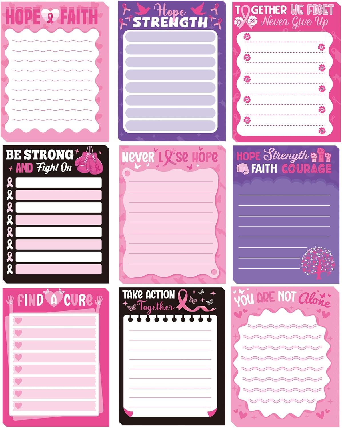 9 Pack Breast Cancer Awareness Sticky Notes Set, 450 Sheets Pink Self-Stick Notepads with Motivational Ribbon Designs, Inspirational Gifts for Women Supporters Fighters