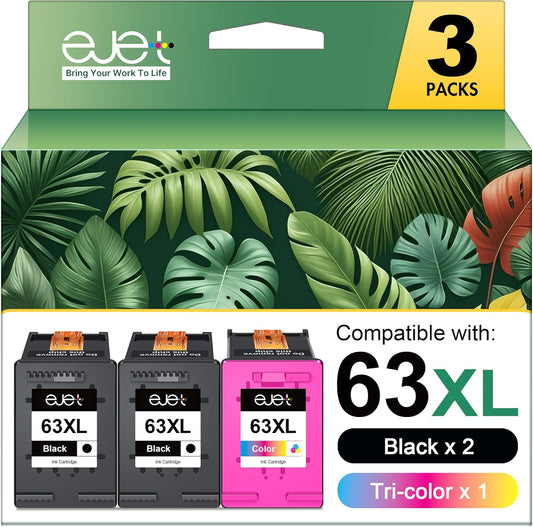 63XL Ink Cartridges Black and Color Replacement for HP 63XL Ink Cartridge Combo Pack Work with OfficeJet 3830 4650 5255 Envy 4520 4512 Deskjet 1112 3630 3634 3639 Printer (2 Black, 1 Tri-Color)