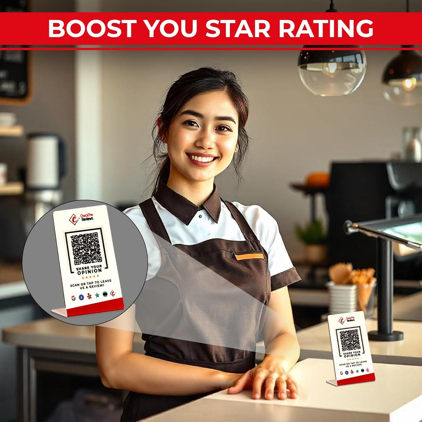 CheckTheReviews NFC Review Stand - Instant Digital Feedback Collection with Customer Friendly Scan Setup - All Phones & QR Compatible - Tap to Review for Business, Hotels, Shops, Cafes & Restaurants