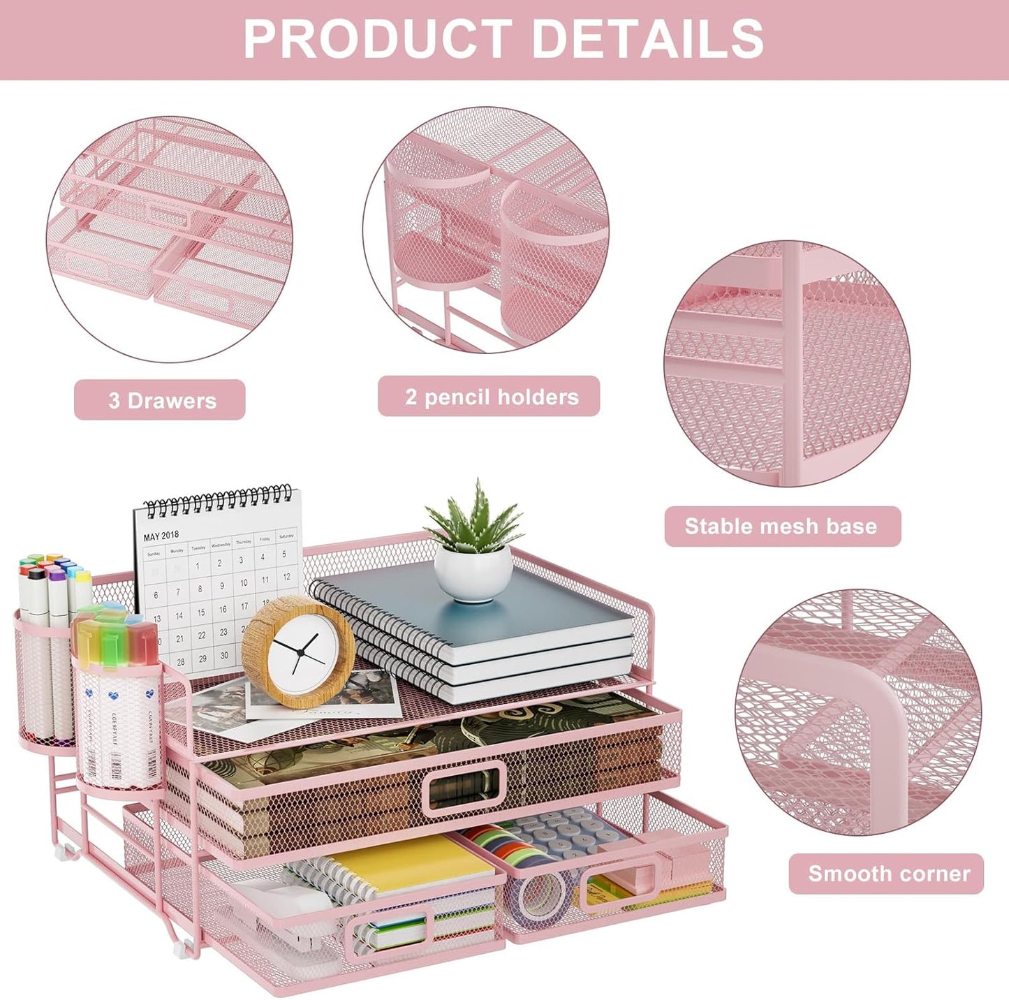 Marbrasse 3 Tier Mesh Desk Organizer with Drawer, Multi-Functional Desk Organizers and Accessories, Paper Letter Organizer with 2 Pen Holder for Home Office Supplies (Pink)